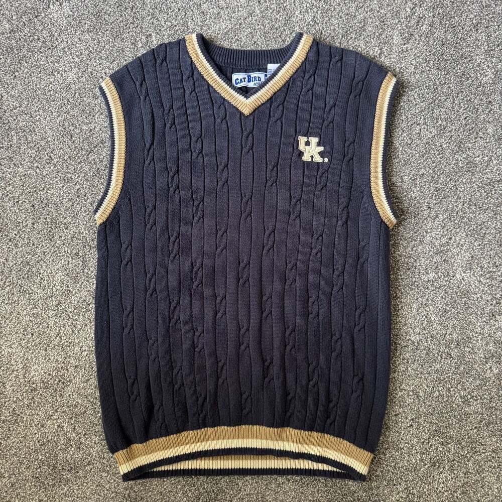 Vintage Cat Bird Seat University of Kentucky UK Cable Knit V-Neck Sweater Vest S